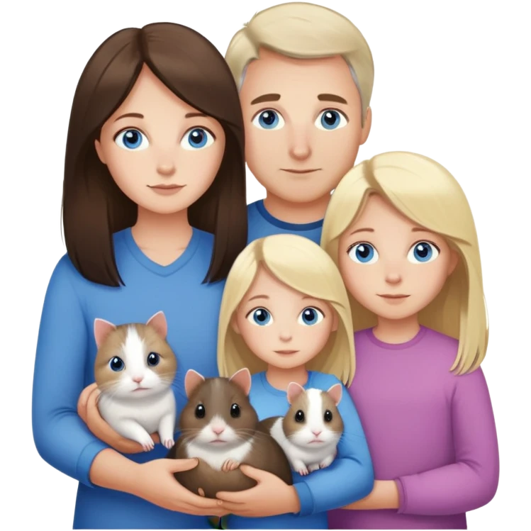 Family portrait with father with dark brown hair and blue eyes, mother with light brown hair and blue eyes, three blonde little girls with blue eyes, plus a grey cat and two guinea pigs emoji