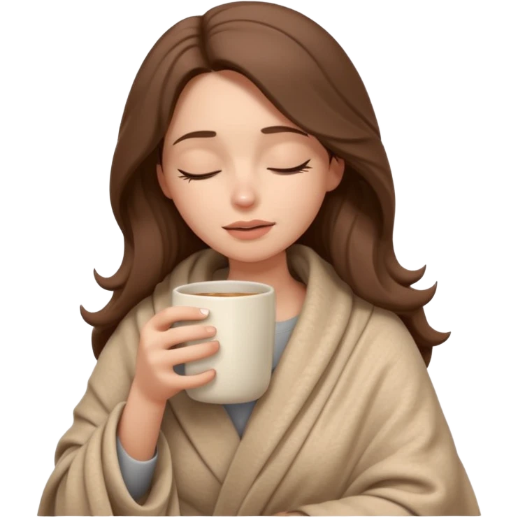 emoji-style illustration of a pretty relaxed woman with long wavy brown hair, wrapped in a cozy beige blanket, holding a mug cup, eyes closed, sad and a bit anxious expression, soft 3D cartoon rendering, warm and comforting mood, plain background
 emoji