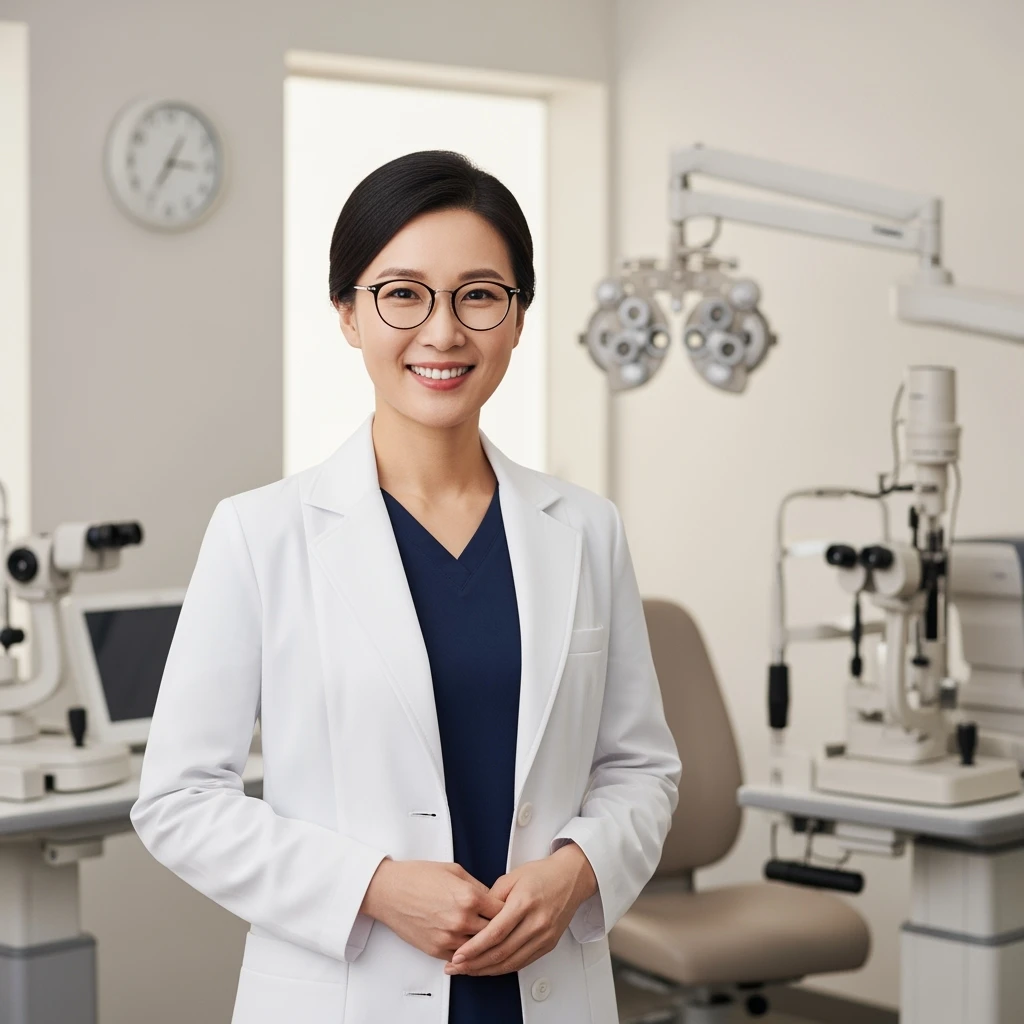 TV Advertising of a smiling woman with glasses smiling, minimalistic ophthalmologist interior in background, leading  lines, rule of thirds emoji