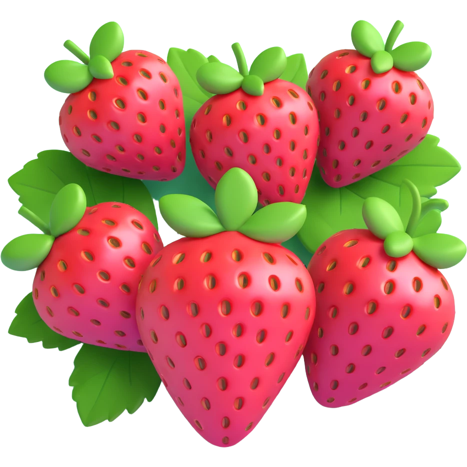 Turn this illustration of two strawberries with green leaves and a pink bow into a 3D style image, keeping the cute and vibrant look, with a soft pink background. Make the strawberries and bow appear three-dimensional and glossy. emoji