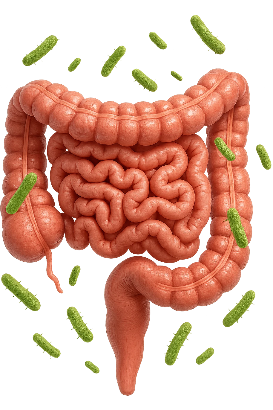 intestino umano anatomico con qualche batterio intestinale che gli fluttua intorno, ISOLATO SU SFONDO BIANCO emoji
