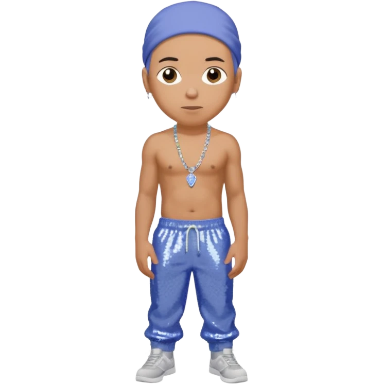 Eminem with periwinkle sequin baggy pants, shirtless with necklace emoji