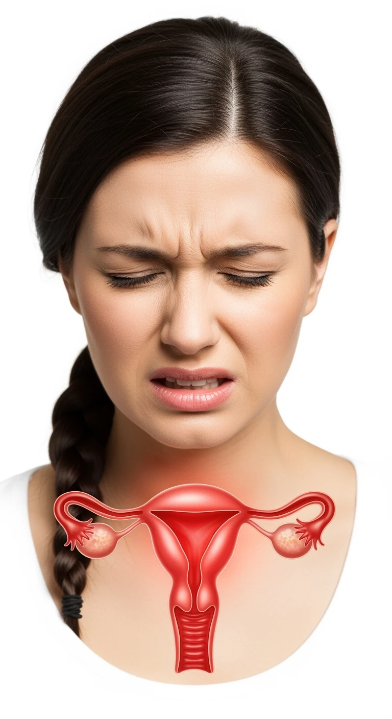 donna con utero umano realistico in evidenza dolorante, espressione di dolore in volto, sfondo bianco emoji