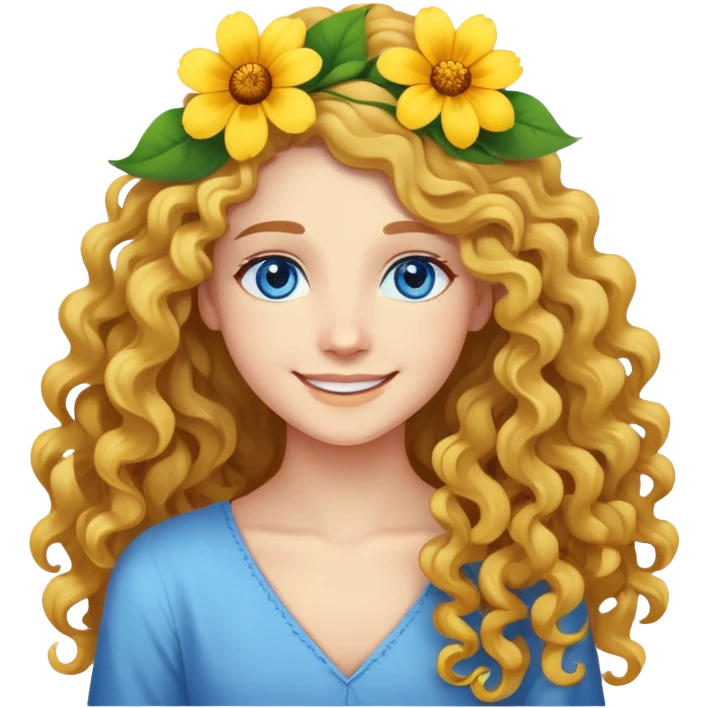 Pretty long curly hair blue eyes nice smile yellow flower in hair  emoji