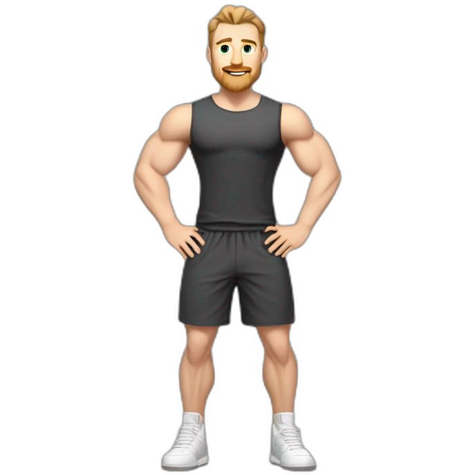 Full height Pale skinned muscular man With Realistic eyes and mouth, light brown hair and stubble In dark gray sleeveless mike, black oversize sports shorts, watch and white sneakers. emoji