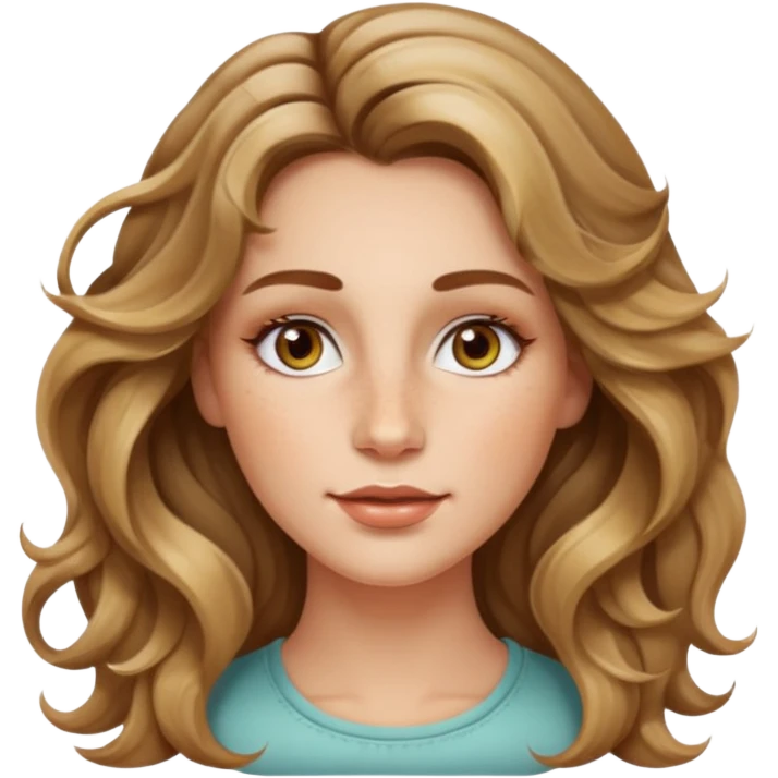 creative women with long dark Blond with highlights wavy hair white women, oval shape face hazel eyes long lashes freckles on the nose high cheek bones emoji