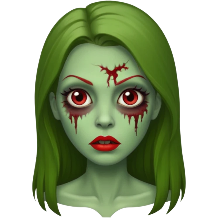 Zumbi feminino, de pele verde, cabelo longo liso e castanho. Labios vermelhos, rosto oval e cilios grandes emoji