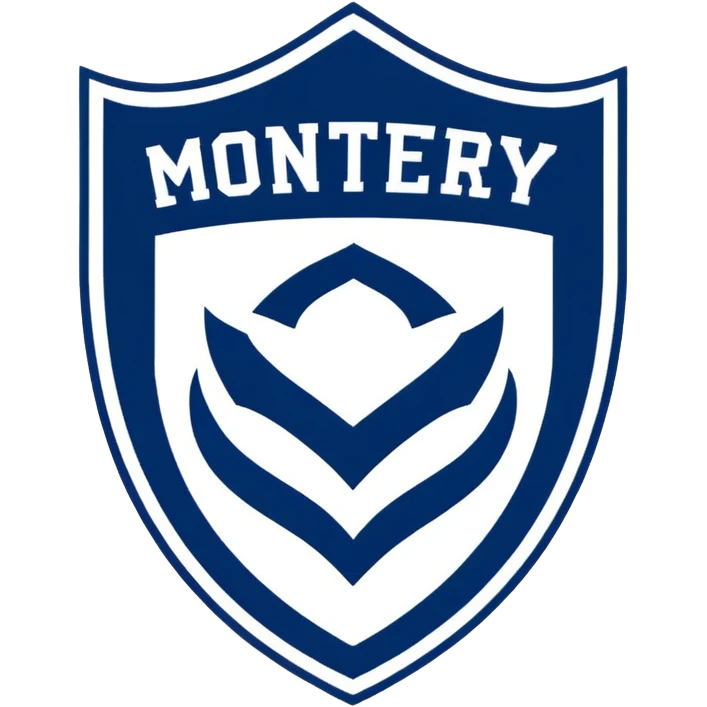 Monterey Football Club logo with thick barred shield with MY written inside and navy blue and white color emoji