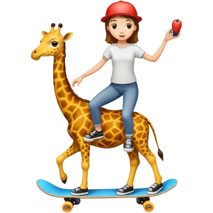 girl standing on a giraffe riding a skate board emoji