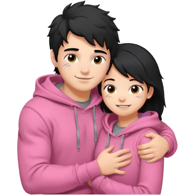 generate a pretty bratz fair skinned boy with messy black hair in a grey hoodie. Hugging his girlfriend who is wearing pink. Make him muscled emoji