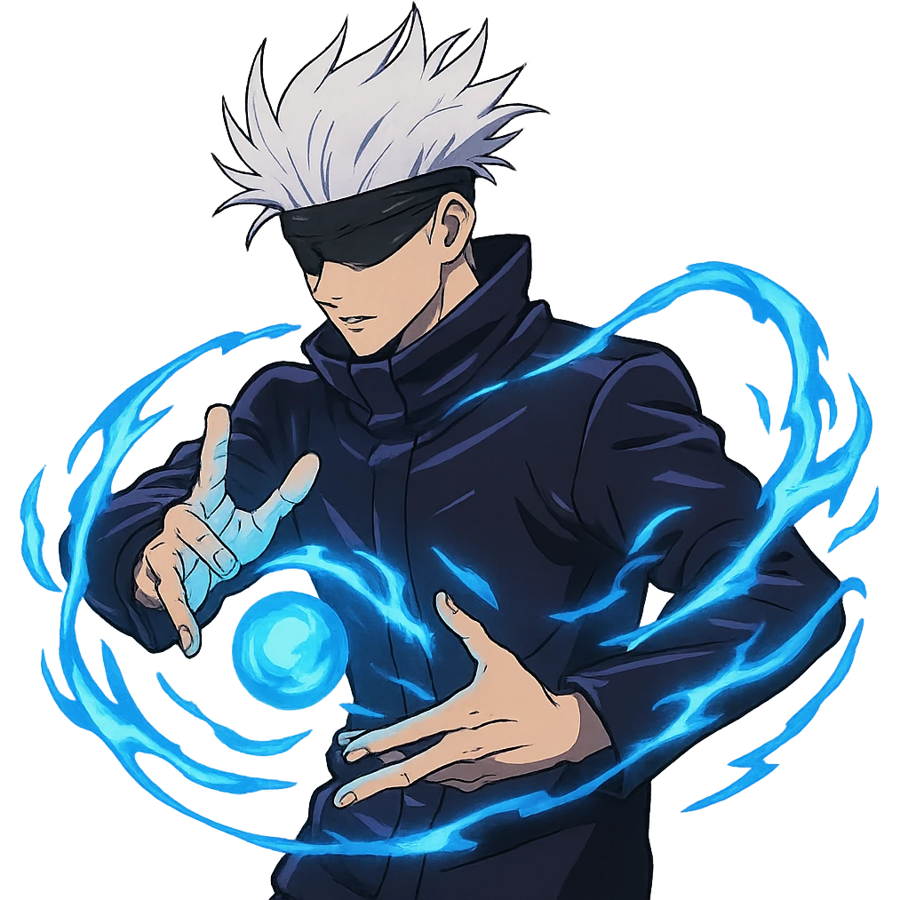 Gojo Satoru, white hair, blindfold, using infinity technique, blue energy, inspired by Jujutsu Kaisen, anime style, no background emoji