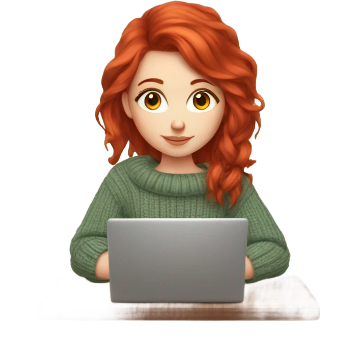 Cozy sweater Red hair girl fair skin beautiful studying laptop emoji