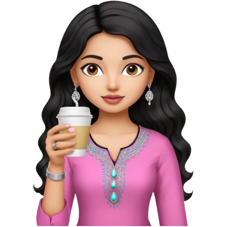 a pretty bratz fair indian girl wearing a pink kurti, drinking takeaway coffee. Silver jhumkas, black wavy hair emoji