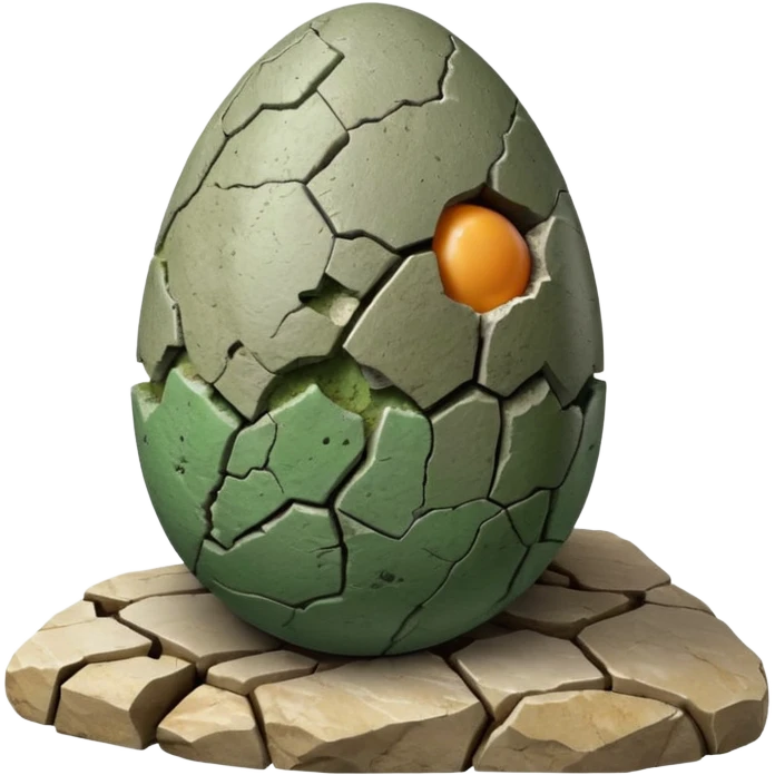 3D render of Dino Egg, embedded in a chunk of rough sedimentary rock, cracked stone texture, ancient fossil aesthetic, speckled greenish-grey stone egg with a crack, matte dry finish, Apple emoji style, isolated on white background --v 6.0. emoji