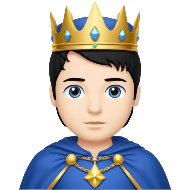 Prince with crown, blue cape and trousers, body and legs, black hair, blue eyes,  emoji