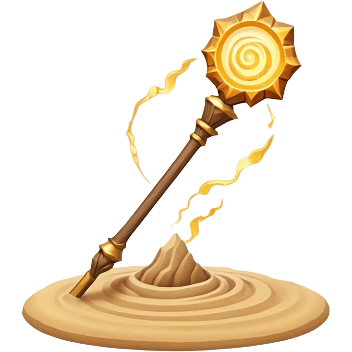 desert sand mage staff object icon, ancient wooden staff, swirling sand crystal on top, glowing golden aura, small floating sand particles, fantasy desert style, 3D cartoon, mobile game icon style, centered, clean background, soft shadow, no text, no watermark
 emoji