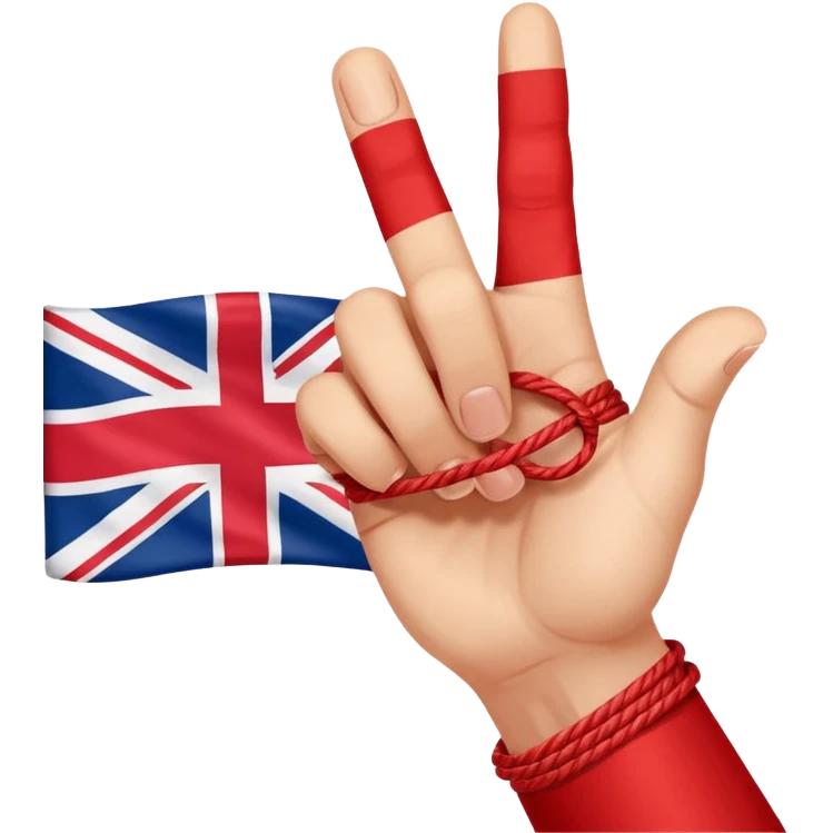 a hand with red string tied up to the pinky finger which shows a British-Hong Kong flag to the red thread of fate emoji