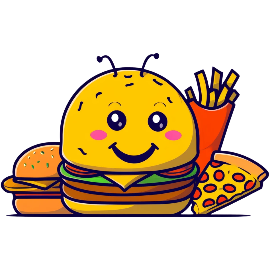 A fun food monster made of burger, pizza, and fries with cartoon eyes and a big smile emoji