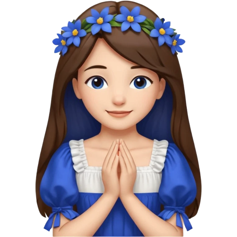 Generate a girl with her eyes closed and smiling and Boht her hands under the chin, palms facing upwards. She should be wearing a white dress with cobalt blue flowers on the dress and puffed sleeves. She has ling straight hair. Only her face and chest is visible. emoji