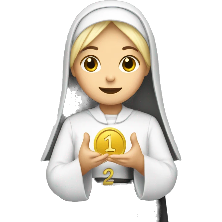 A blonde nun holding a coin with the number 13 on it emoji