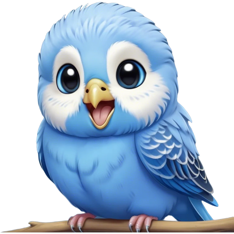 Cinematic Cute Yawning Blue Budgie Portrait Emoji, Head tilted slightly with a dramatic, wide-open yawn, showcasing a soft, downy blue feathered fur with gently drooping wings, round dark eyes barely open in drowsy contentment, Simplified yet irresistibly adorable features, highly detailed, glowing with a soft, cozy glow, high shine, relaxed yet expressive, stylized with a touch of whimsy, bright and endearing, soft glowing outline, capturing the essence of a sleepy yet affectionate budgie, so drowsy it feels like it could stretch out of the screen and curl up for a nap! emoji