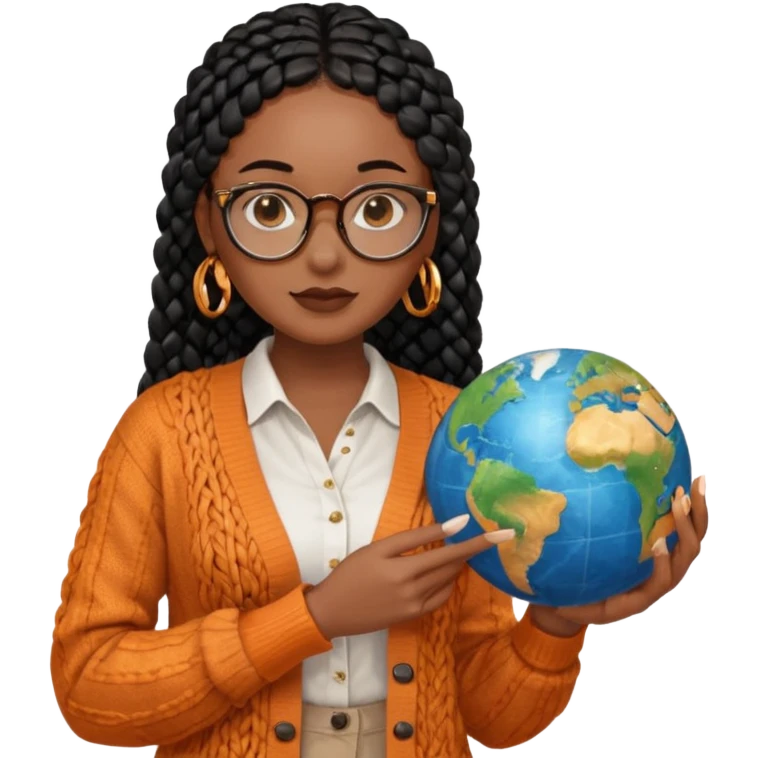 a young woman wearing fine gold round glasses and black hair in several box braids, she has light black skin, and she's wearing a white shirt with an orange-terracotta cardigan on top. She's holding a globe in one hand emoji