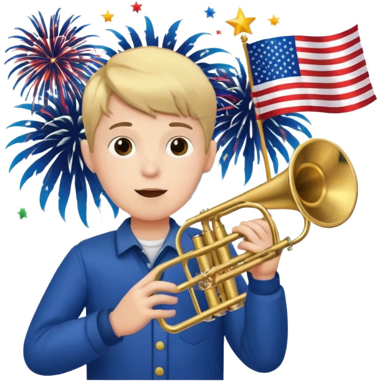Boy holding trumpet with American flags and fireworks behind him emoji