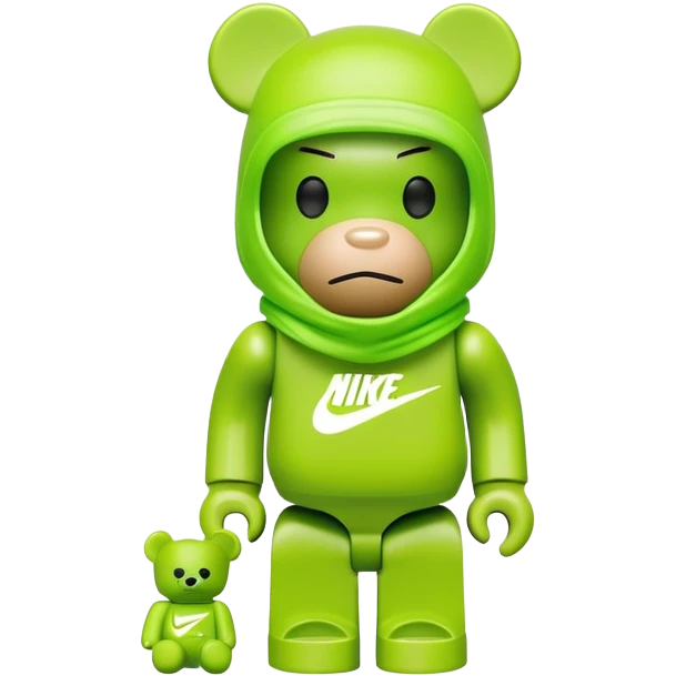 bearbrick toy wearing a lime green balaclava with a Nike swoosh logo emoji