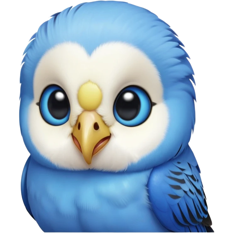 cinematic-cute-blue-budgie-portrait-emoji,-head-tilted-playfully-and-inquisitively,-featuring-a-brilliant-blue-feathered-fur-and white and black face-with-a-natural-sheen,-round,-sparkling-dark-eyes-filled-with-curiosity,-simplified-yet-irresistibly-adorable emoji
