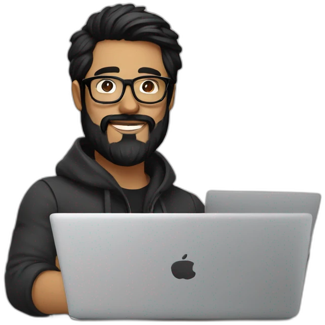Designer with black hair, beard and glasses working with MacBook and drinking cappuccino  emoji