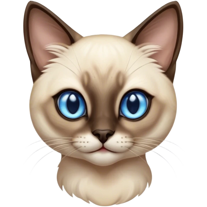 Cinematic Cute Siamese Cat Portrait Emoji, Head tilted playfully and inquisitively, sleek cream-colored fur with rich, contrasting dark points on the ears, face, paws, and tail, striking sapphire-blue eyes, Simplified yet irresistibly adorable features, highly detailed, glowing with a warm, friendly glow, high shine, affectionate and curious, stylized with a touch of whimsy, bright and endearing, soft glowing outline, capturing the essence of a mischievous yet loving kitten, so playful it feels like it could pounce out of the screen and into your arms! emoji