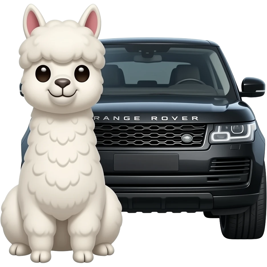 Alpaca emoji styled hair please white  realistic alpaca funny face but cute with nice hair full body sat next to black range rover car cahnge the alpaca emoji
