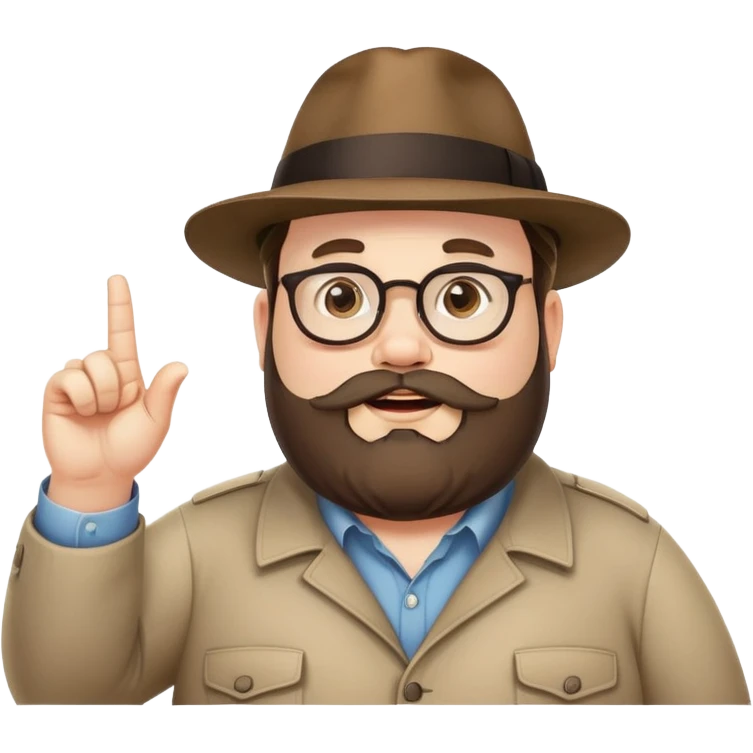 Fat bearded nerd wearing fedora hat pointing up to the sky with finger emoji