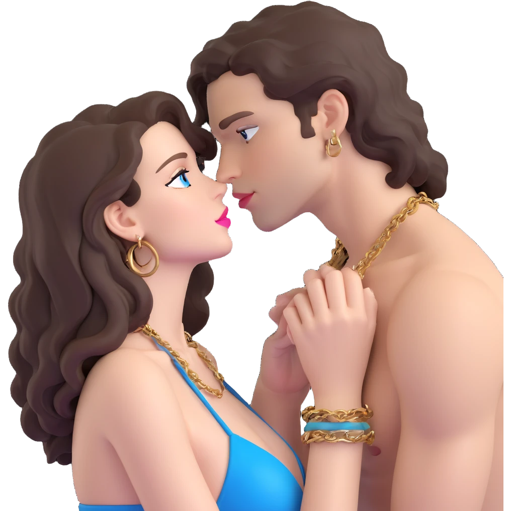 attractive couple kissing on beach at sunset, orange and pink sky, ocean waves, curvier woman with fuller figure, big blue-grey eyes, long lashes, pale skin, pink lips, long voluminous dark brown curls, gold hoop earrings, tiny string bikini on her plumper body, embracing handsome man with intense blue-grey eyes, chiseled features, pale skin, dark brown styled hair, gold chain, minimalist swimwear, romantic intimate moment emoji