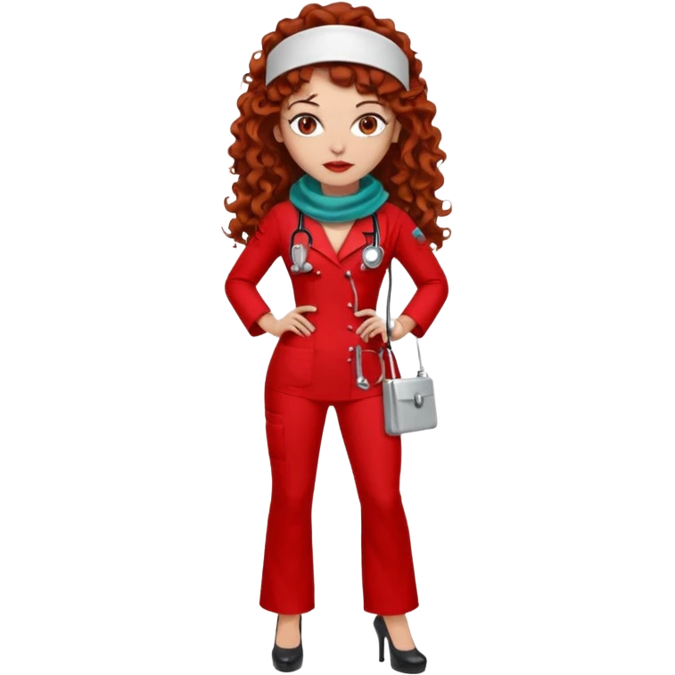 Sensual Spanish Lilith core evil surgeon.red outfit.  Surgeon has hazel eyes. Her hair is BROWN. Hair is also  long and  curly. wearing a sexy surgeon outfit with platform  heels.she is a calculated smart killer. She covers only her mouth and nose with silk scarf to hide identity  emoji