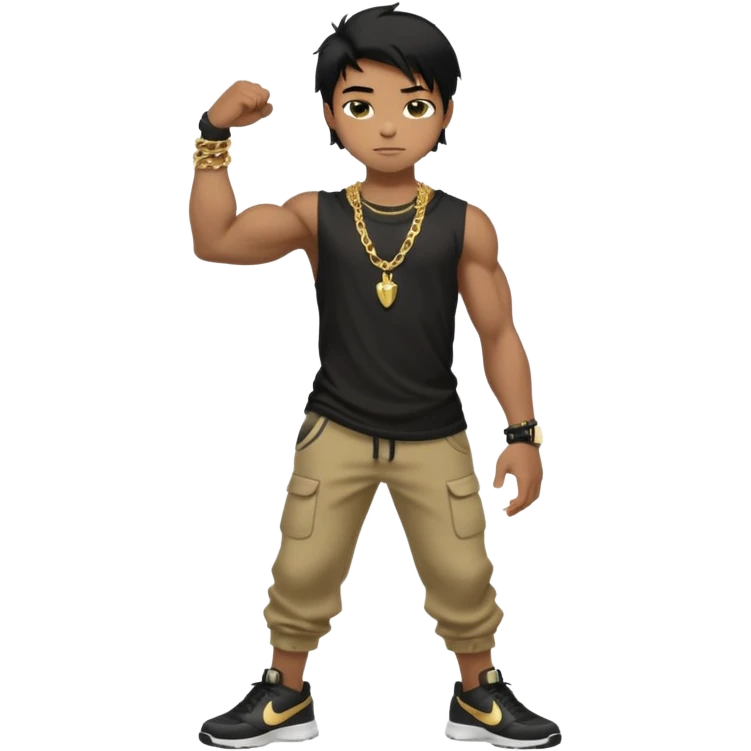 full side body view of muscular 13yo boy with veiny hands arms and biceps. has messy black hair with dark-tan skintone with black tshirt. has gold chain and nike shoes with baggy pants emoji