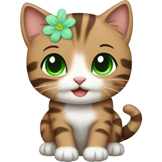 kawaii brown tabby kitten with green eyes and pastel green flower emoji
