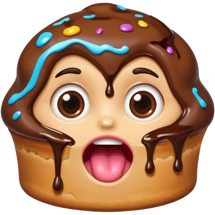 Funny cartoon chocolate mini pastry, wide shocked eyes, messy chocolate dripping, open mouth, chibi style, Twitch emoji style, transparent background, colorful
 emoji