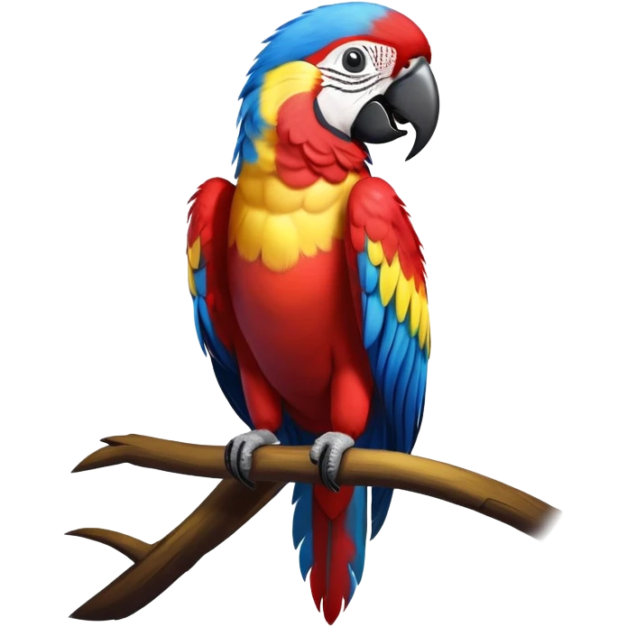 cinematic-macaw-realistic-full-body-standing-emoji,-vibrant-feathers-glowing-with-rich-reds,-blues,-and-yellows,-head-tilted-dramatically,-curved-black and white-beak-gleaming,-piercing-dark-eyes-exuding-confidence,-simplified-yet-realistic-focused emoji