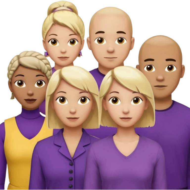 5 person team; 2 men and 3 women.  All dressed in yellow or purple.  1 caucasian woman with blonde mid length hair. 1 caucasian woman with blonde short length hair. 1 caucasian woman has ash blonde hair tied up. 1 man is African-american and bald, 1 man is caucasian and very little hair left.  
 emoji