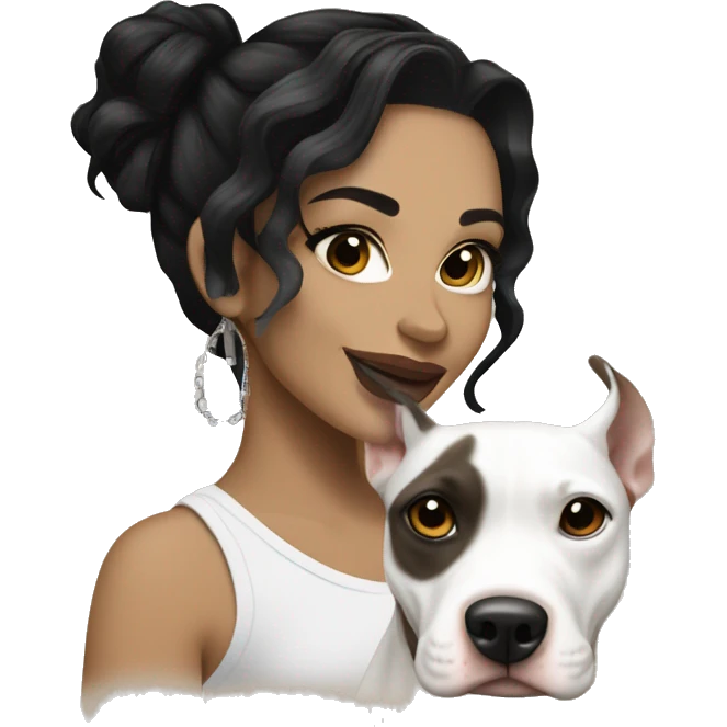 light skin woman with a face tattoo of a small cross near her eye and long wavy black hair expressing joy alongide a white and brown pitbull emoji