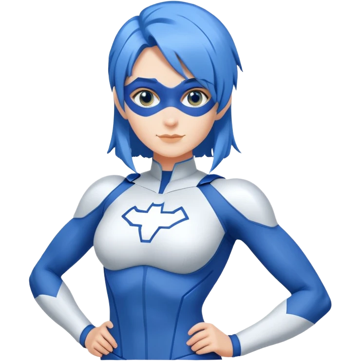 Emoji of a friendly woman with blue hair (no mask), wearing a minimalist blue and white superhero suit with broad shoulders. The suit has a large blank area on the chest for a logo, uses only blue and white colors, and has minimal details. Image is cropped at the chest level. emoji