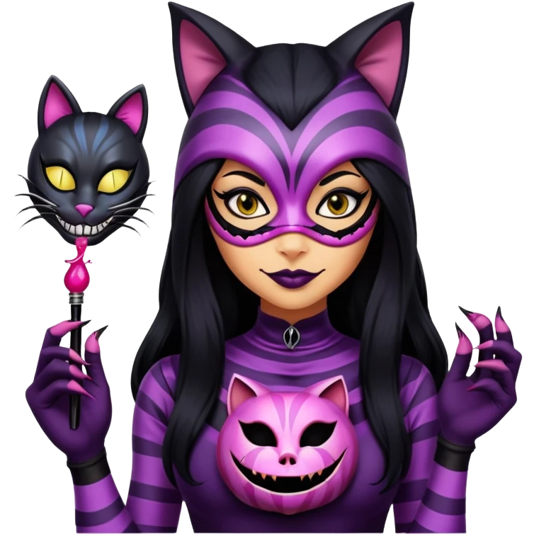 a deadly woman with tan skin, long black hair, wearing a creepy Cheshire cat mask. She’s dressed in a sleek assassin outfit and holds poison-tipped claws.  emoji