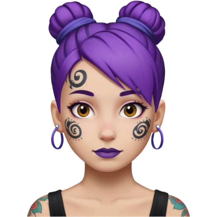 purple hair bun and lots of face tattoo emoji