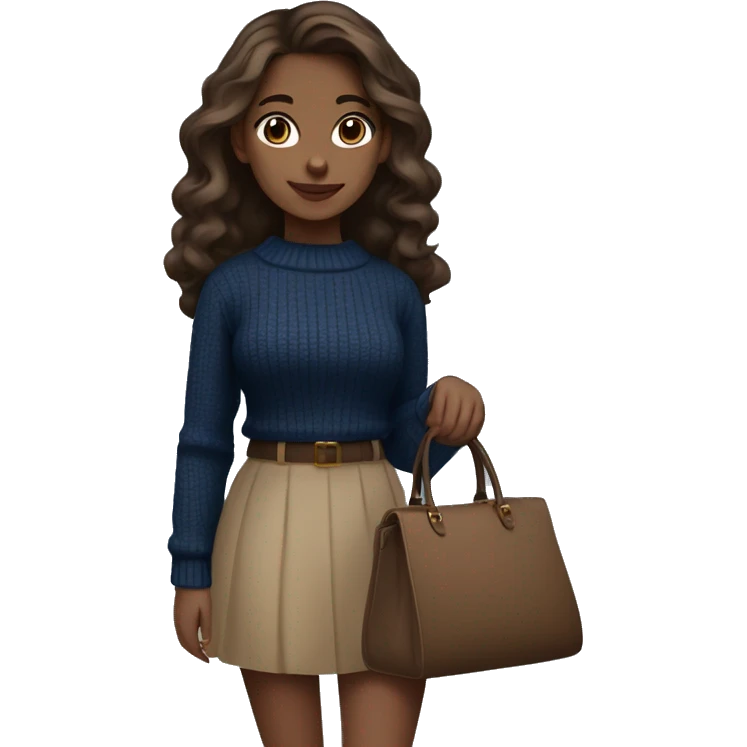 A girl wearing dark blue sweater with beautiful brown eyes beige skin and brown hair long and wavy, and she is wearing a black skirt and holding a blue dark bag classy emoji