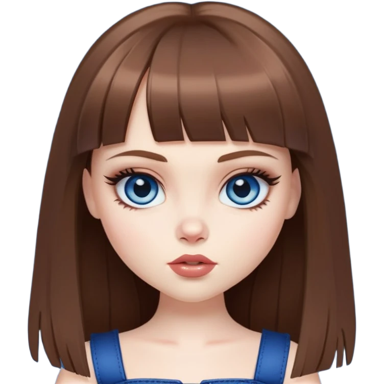 pretty bratz baddie, pale skin, bangs straight brown hair, dark blueen eyes emoji