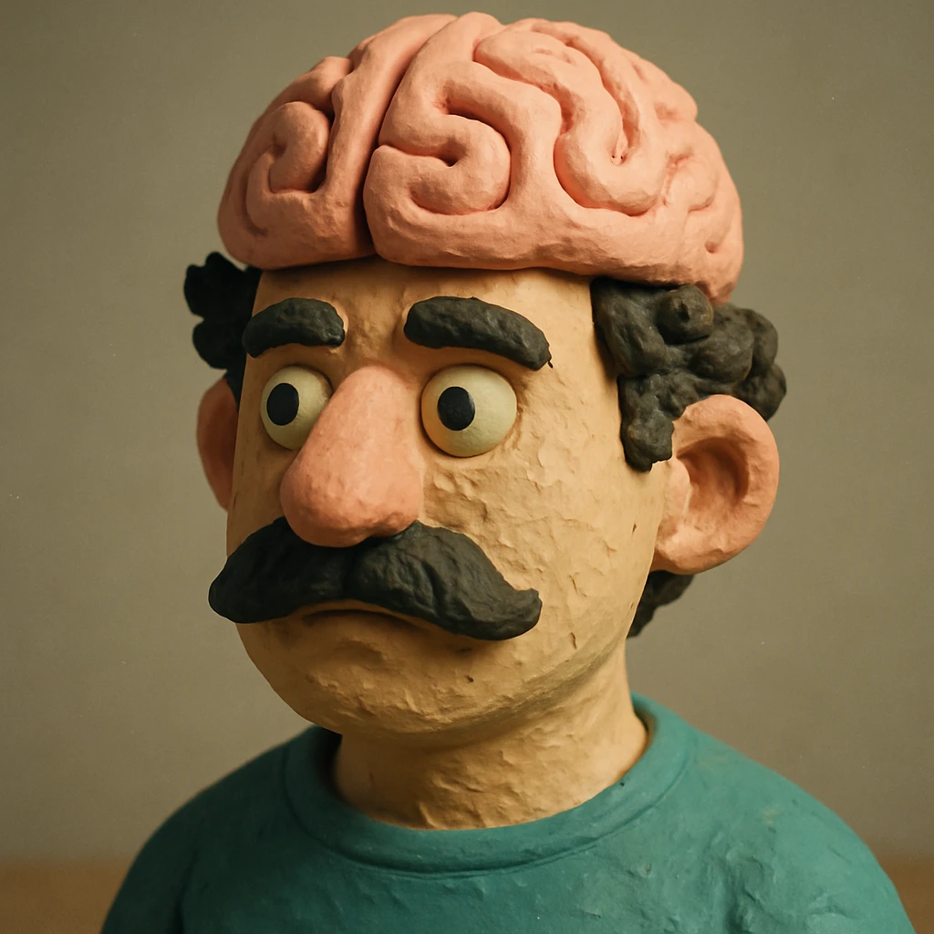 Enhance the claymation man wearing a brain by adding more depth and dimension to the image. Make him more attractive, inspired by the first version, with dark curly hair, thick mustache, light skin, claymation style, visible fingerprints, and pastel colors. emoji