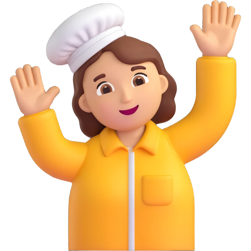 cookie factory worker emoji, waving, with cookies in the background emoji