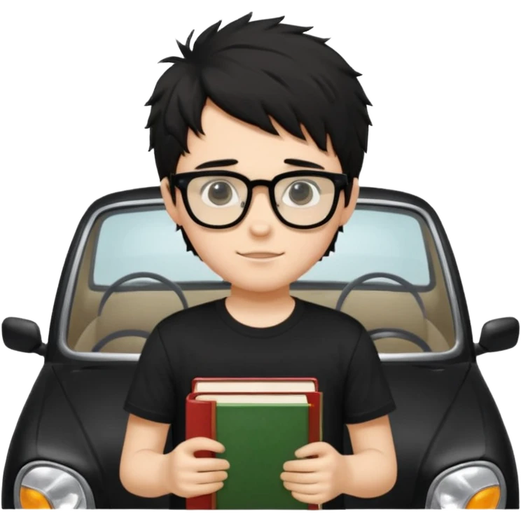 generate a pretty bratz fair skinned boy with black messy hair wearing a black tshirt driving. Glasses on. holding books emoji