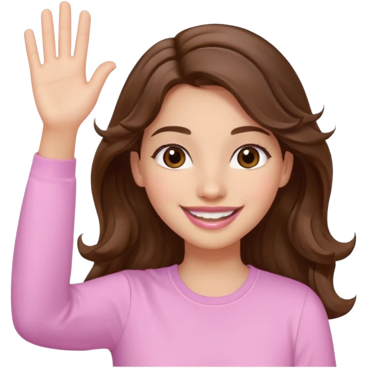 girl with wavy long brown hair, brown eyes, light to medium complexion, long lashes, light pink lipstick, smiling, wearing light pink shirt, waving hello emoji